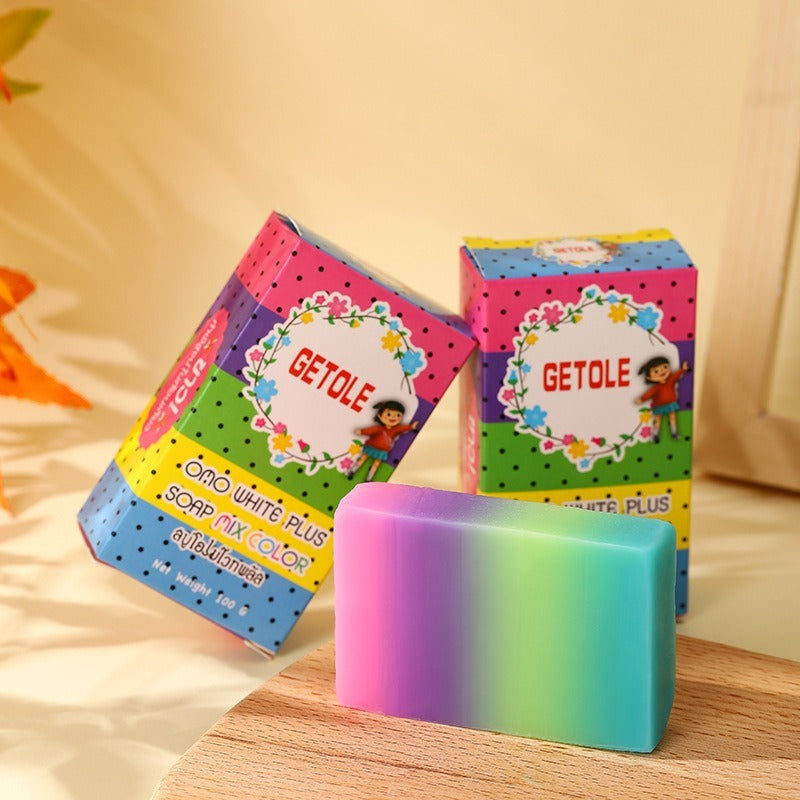 Arts And More Oil Bath Soap for Kids with colorful packaging and a vibrant multicolor soap bar